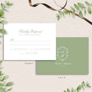 Classic Sage Green Floral Monogram Crest Wedding RSVP Card