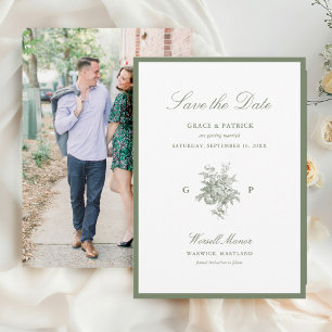 Classic Sage Green Floral Monogram Photo Wedding Save The Date