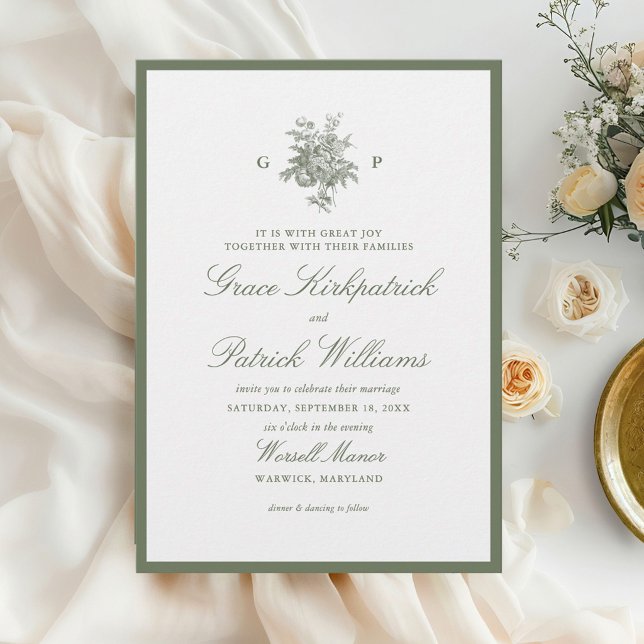 Classic Sage Green Floral Monogram Wedding Invitation (Creator Uploaded)