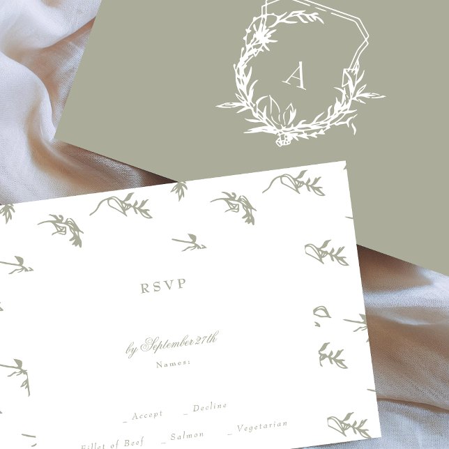 classic sage green florals monogram crest wedding RSVP card (Creator Uploaded)