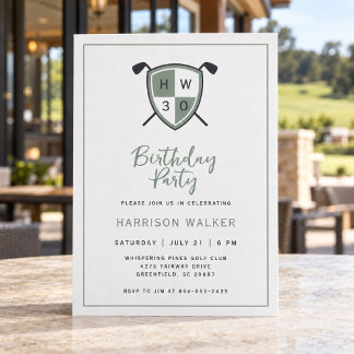 Classic Sage Green Golf Crest Men's 30th Birthday Invitation