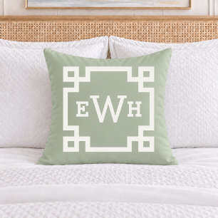 Classic Sage Green Greek Key Monogram Initial Cushion