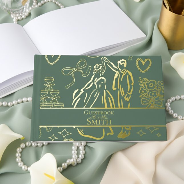 Classic Sage Green Hand Drawn Wedding Sketch Art  Guest Book (Remember your special day with this keepsake Gold Foil Guest Book!)