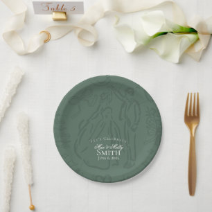 Classic Sage Green Hand Drawn Wedding Sketch Art  Paper Plate