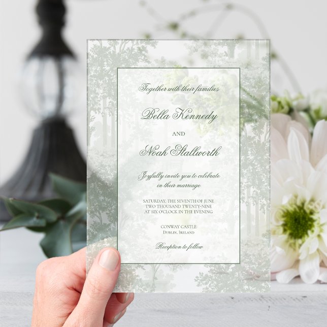 Classic Sage Green Landscape Toile Wedding Acrylic Invitations (Creator Uploaded)