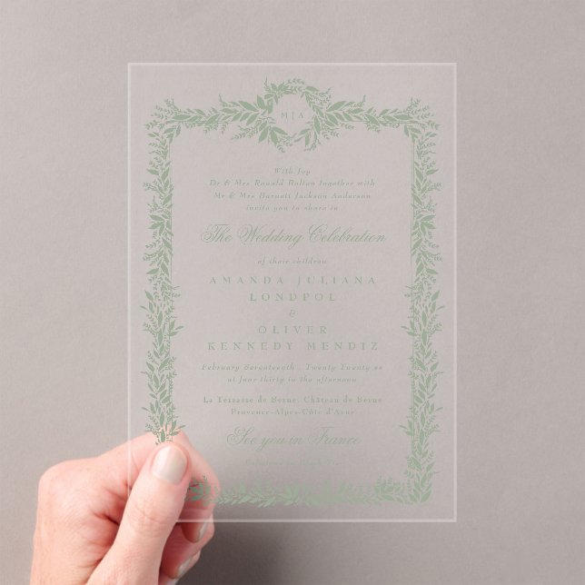 classic sage green leafy frame monogram wedding acrylic invitations (Insitu (Handheld))