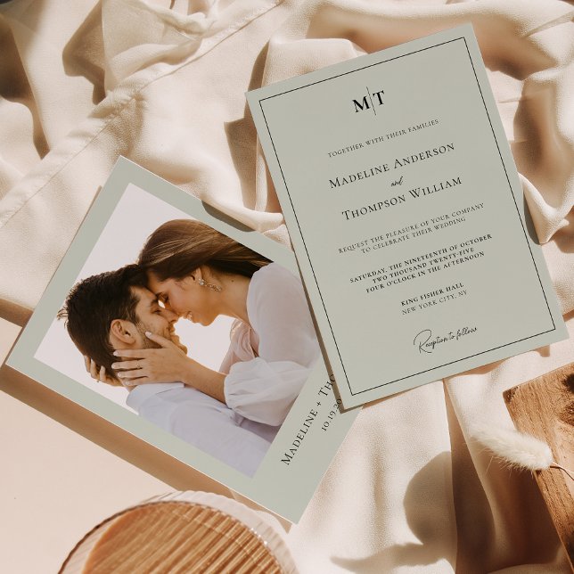 Classic Sage Green Monogram Border Photo Wedding Invitation (Creator Uploaded)