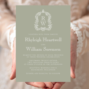 Classic Sage Green Monogram Crest Script Invitation