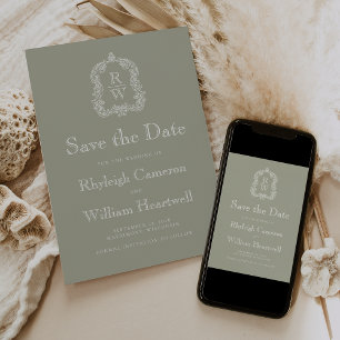 Classic Sage Green Monogram Crest Script Save The Date