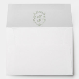 Classic Sage Green Monogram Crest Script Wedding Envelope