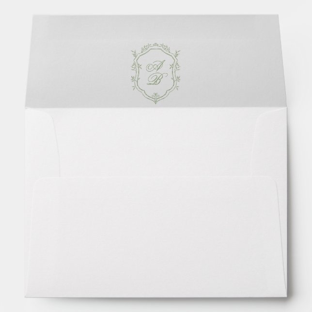 Classic Sage Green Monogram Crest Script Wedding Envelope (Back (Bottom))