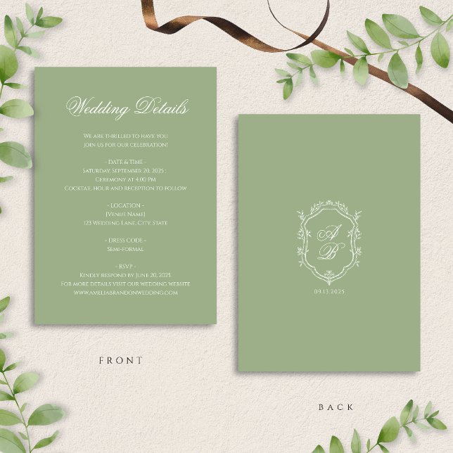 Classic Sage Green Monogram Crest Wedding Details Enclosure Card (Creator Uploaded)