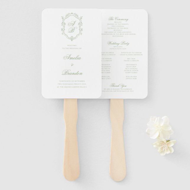 Classic Sage Green Monogram Crest Wedding Program Hand Fan (Front and Back)