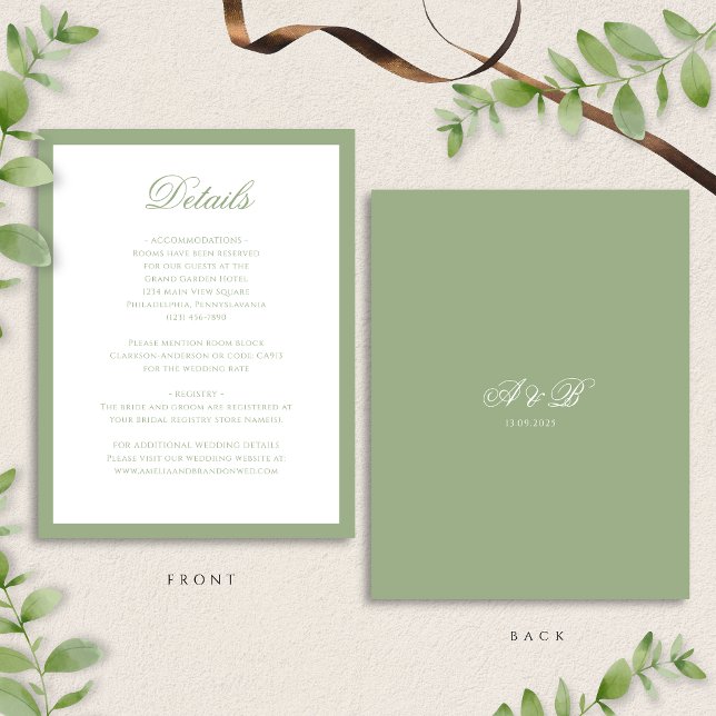 Classic Sage Green Monogram Script Wedding Details Enclosure Card (Creator Uploaded)
