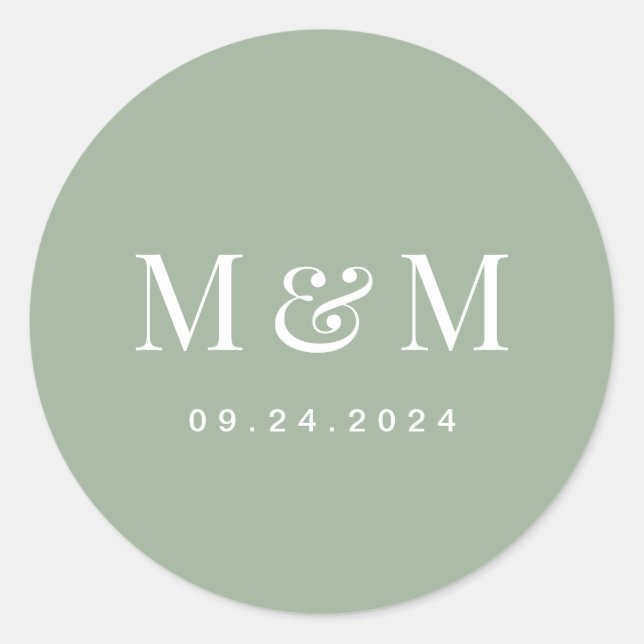 Classic Sage Green Monogram Typography Wedding Round Sticker (Front)