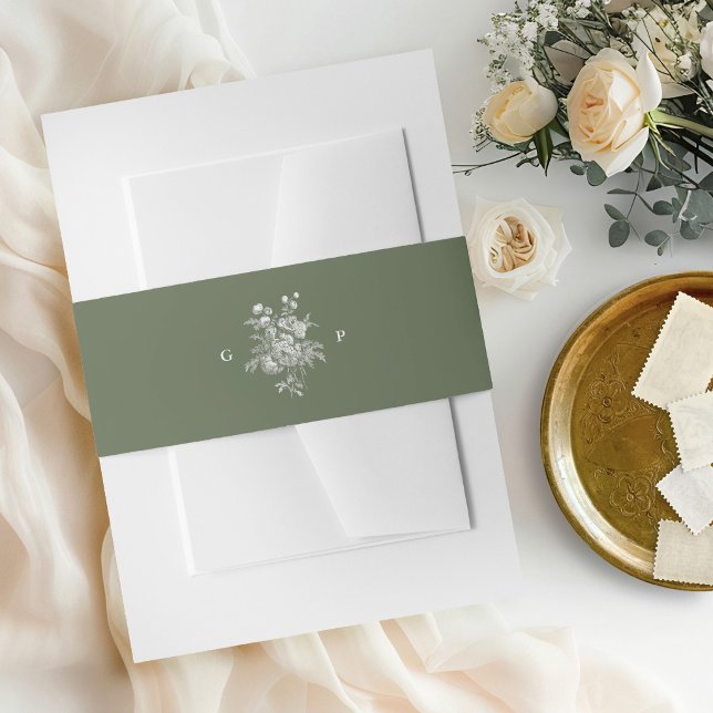 Classic Sage Green Monogram Wedding Invitation Belly Band (Creator Uploaded)