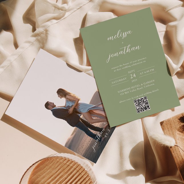 Classic Sage Green Photo Script QR Code Wedding Invitation (Creator Uploaded)