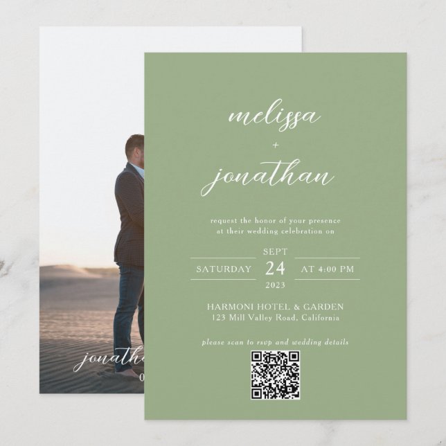 Classic Sage Green Photo Script QR Code Wedding Invitation (Front/Back)