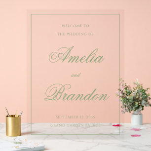 Classic Sage Green Script & Border Wedding Welcome Acrylic Sign