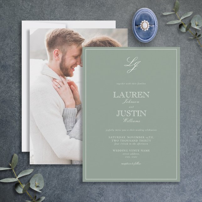 Classic Sage Green Script Monogram Photo Wedding Invitation (Creator Uploaded)