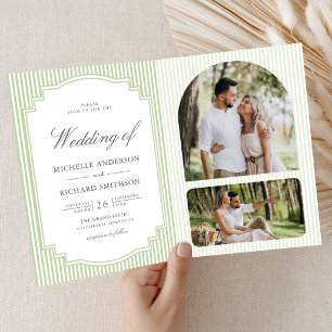 Classic Sage Green Striped Photo QR Code Wedding Invitation