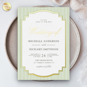 Classic Sage Green Striped Photo Wedding Gold