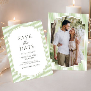 Classic Sage Green Striped Photo Wedding Save The Date