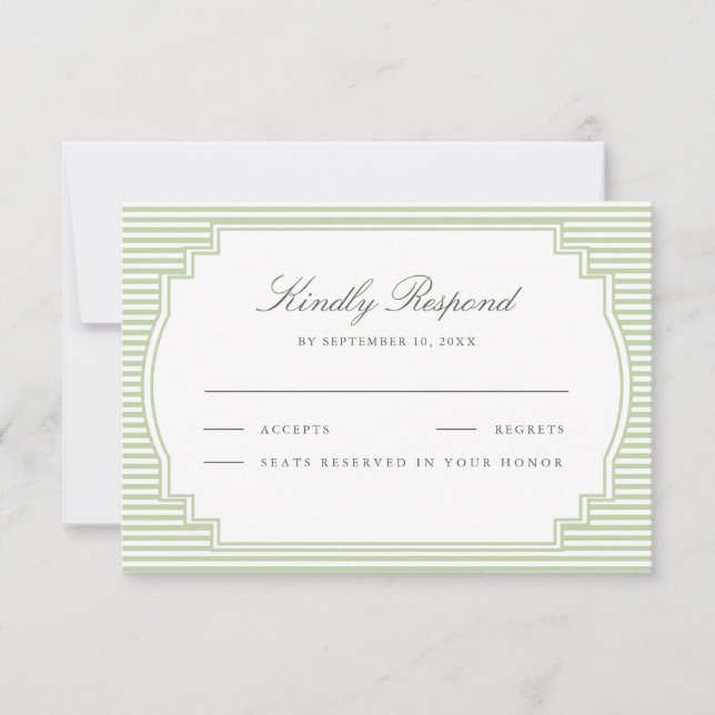 Classic Sage Green Striped Wedding RSVP Card (Front)