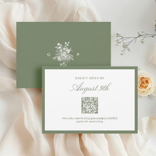 Classic Sage Green Wedding Monogram QR Code RSVP Card
