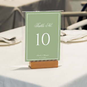 Classic Sage Green & White Border Script Wedding Table Number