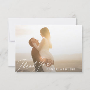 Classic Sage Green White Calligraphy Wedding Photo Thank You Card