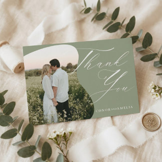 Classic Sage Green White Calligraphy Wedding Photo Thank You Card