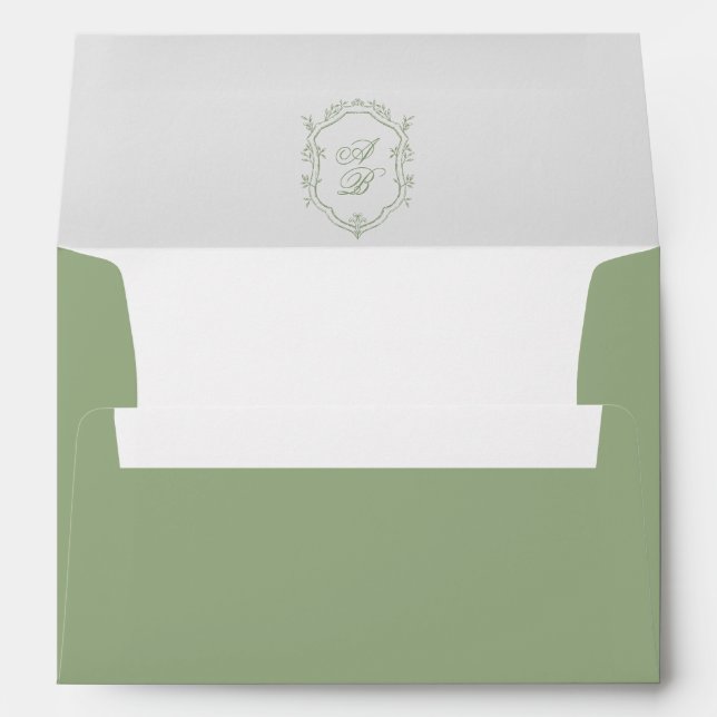 Classic Sage Green & White Monogram Crest Wedding Envelope (Back (Bottom))