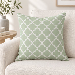 Classic Sage Green White Quatrefoil Trellis Cushion
