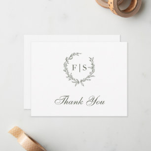 Classic Sage Green Wreath Monogram Thank You Card