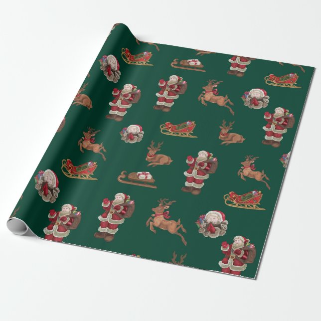 Classic Santa and Reindeer Pattern Wrapping Paper (Unrolled)