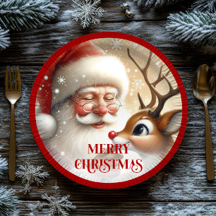 Classic Santa and Rudolph Cartoon Holiday Paper  Paper Plate