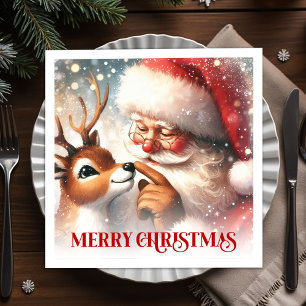 Classic Santa and Rudolph Christmas Dinner Party Napkin