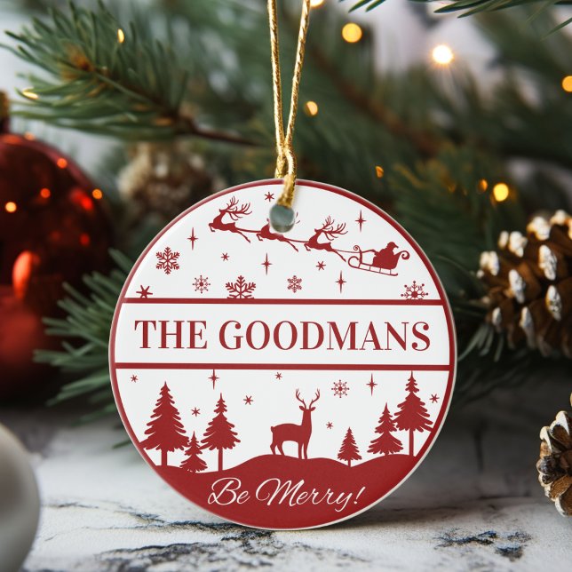 Classic Santa and Sleigh Personalised Christmas Ceramic Tree Decoration (Classic Santa and Sleigh Personalized Christmas Ceramic Ornament -Just add your name or special text)