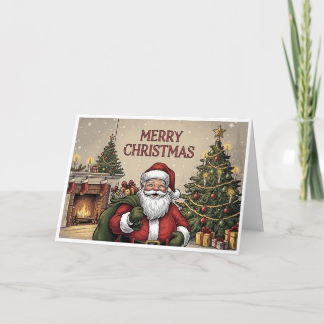Classic Santa by Fireplace "Merry Christmas" Card (Front)