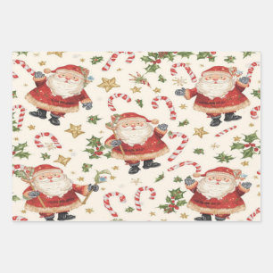 Classic Santa Candy Canes Christmas Patter Wrapping Paper Sheet