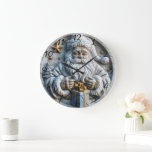 Classic Santa Christmas Magic Large Clock<br><div class="desc">A beautifully detailed relief of Santa Claus holds a gift wrapped in blue,  adorned with a golden bow. Surrounded by festive stars and a miniature Christmas tree,  this enchanting artwork captures the spirit of giving and the joy of the holiday season.</div>