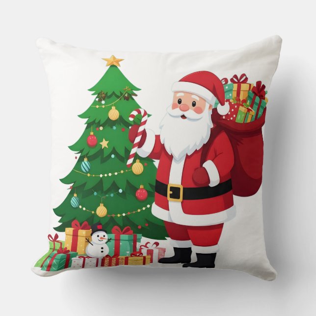 Classic Santa Christmas Tree Holiday Throw Pillow (Front)
