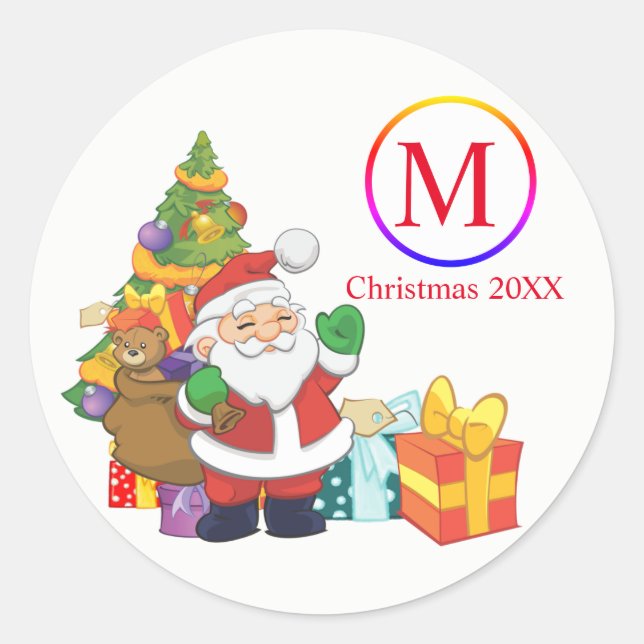 Classic Santa Claus Monogram Christmas Round Sticker (Front)