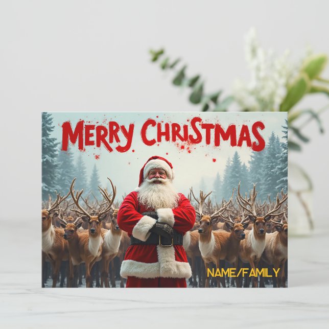 Classic Santa Claus & Reindeer Holiday Card (Standing Front)