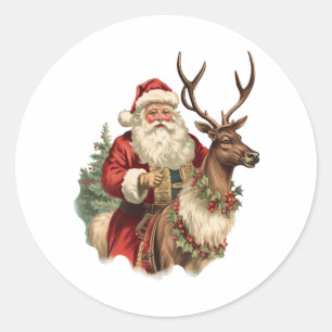 Classic Santa Claus Riding a Reindeer Christmas Round Sticker