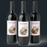 Classic Santa Claus Riding a Reindeer Christmas Wine Label<br><div class="desc">Bottle labels with a fun Christmas illustration. Santa Claus in his traditional red suit riding a big antlered reindeer decorated with holly. A Christmas tree in the back.</div>