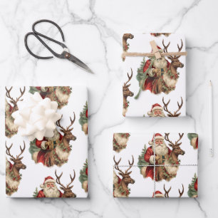 Classic Santa Claus Riding a Reindeer Christmas Wrapping Paper Sheet