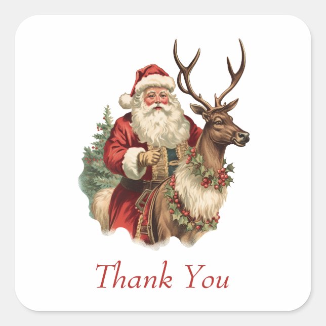 Classic Santa Claus Riding a Reindeer Thank You Square Sticker (Front)