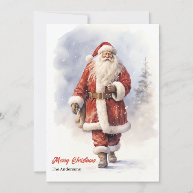Classic Santa Claus smiling in snowy forest Holiday Card (Front)